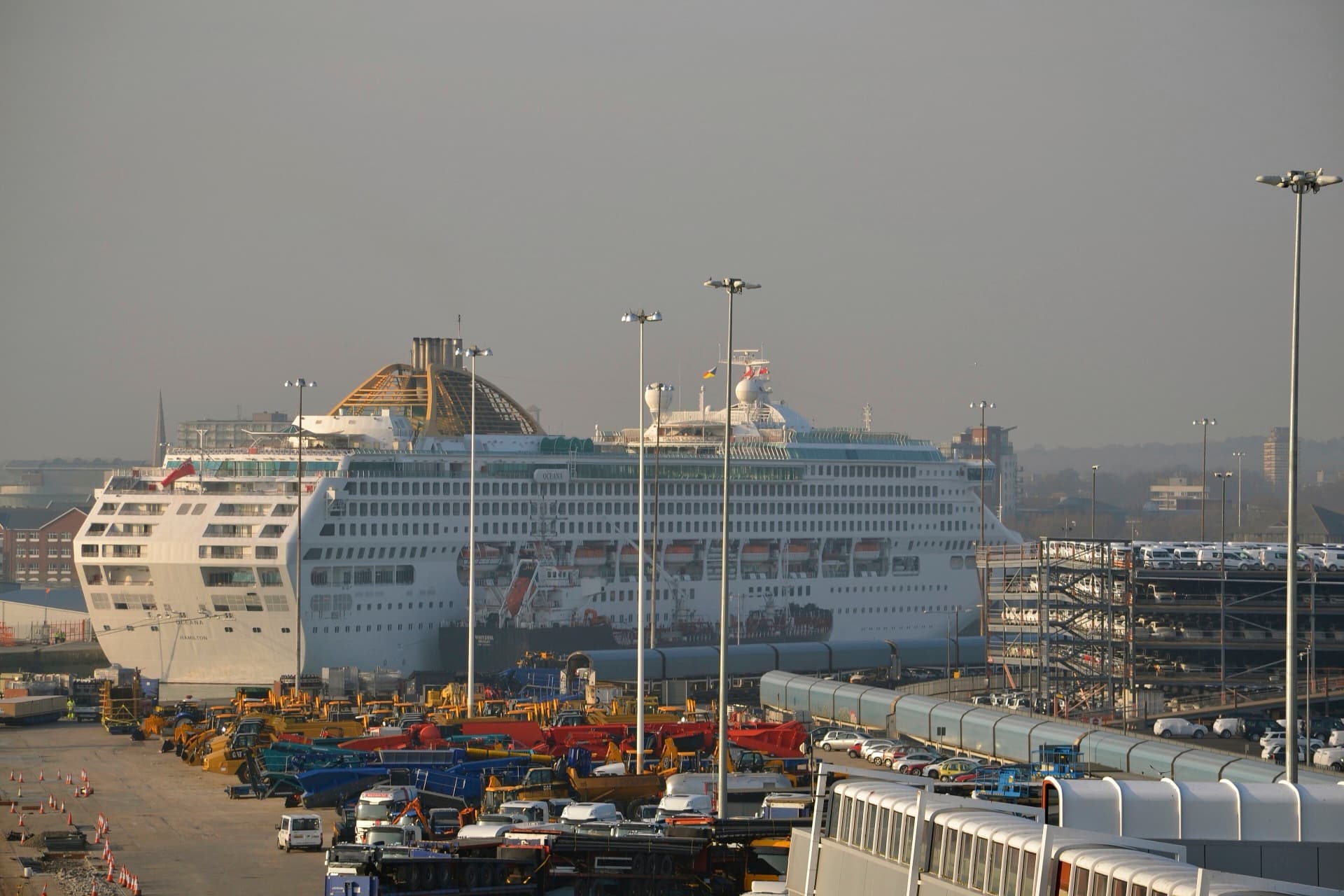 A cruise ship docked at a Southampton cruise terminal